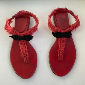 CHANEL Sandals, Red Leather And Textile,IT38,US7.5